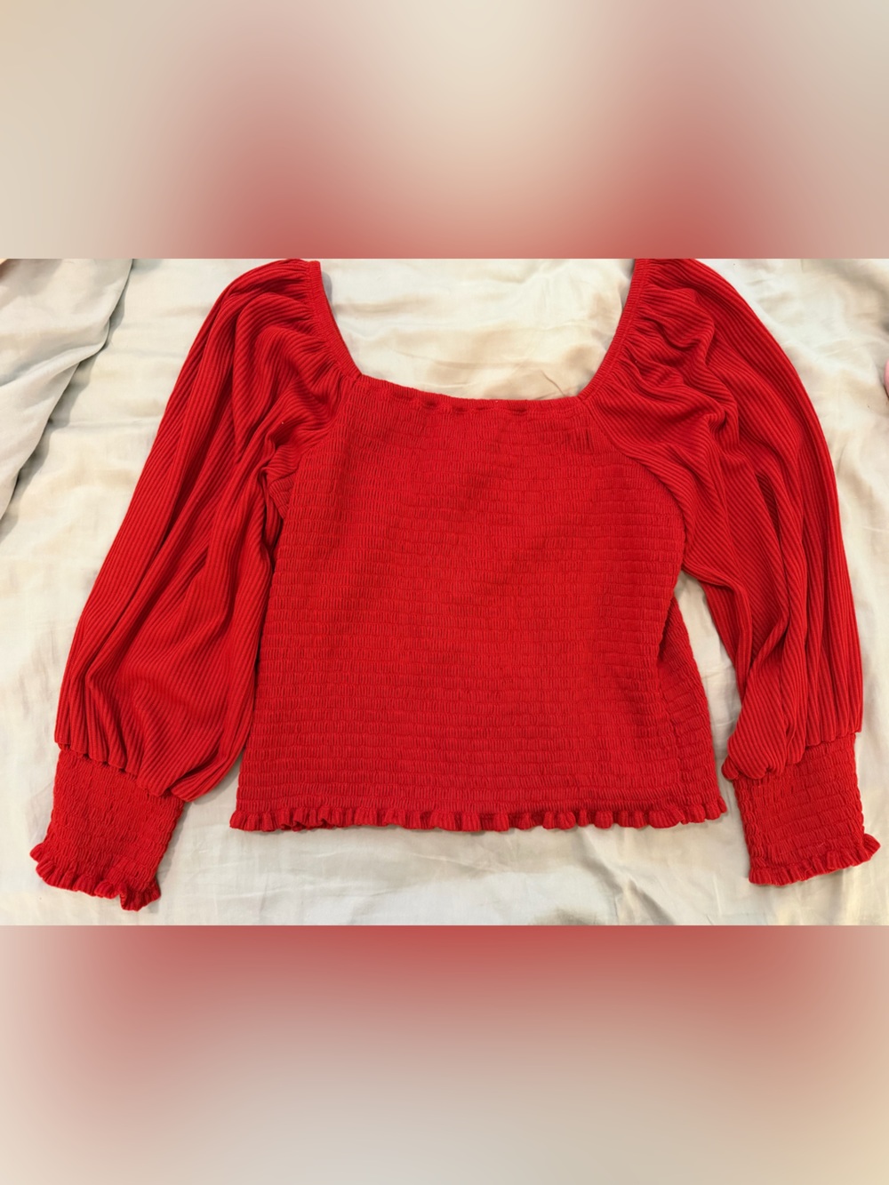 Anthropologie Red Ruched Blouse Size Medium Puff Sleeves